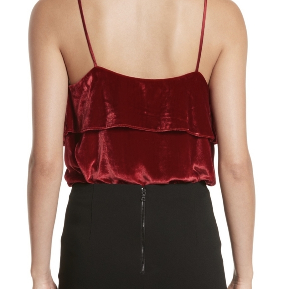 Alice + Olivia Vanessa Sultry Red Velvet Ruffle Sleeveless Camisole Tank Top. - Picture 5 of 15